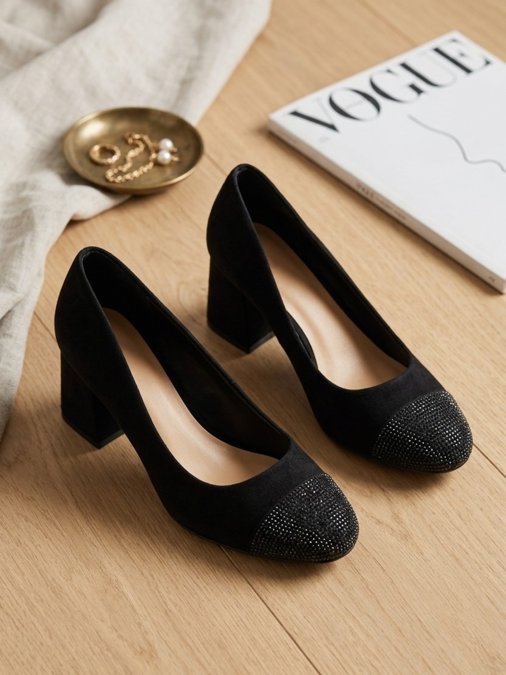 Black Suede Block Heel Pumps with Crystal-Embellished Toe